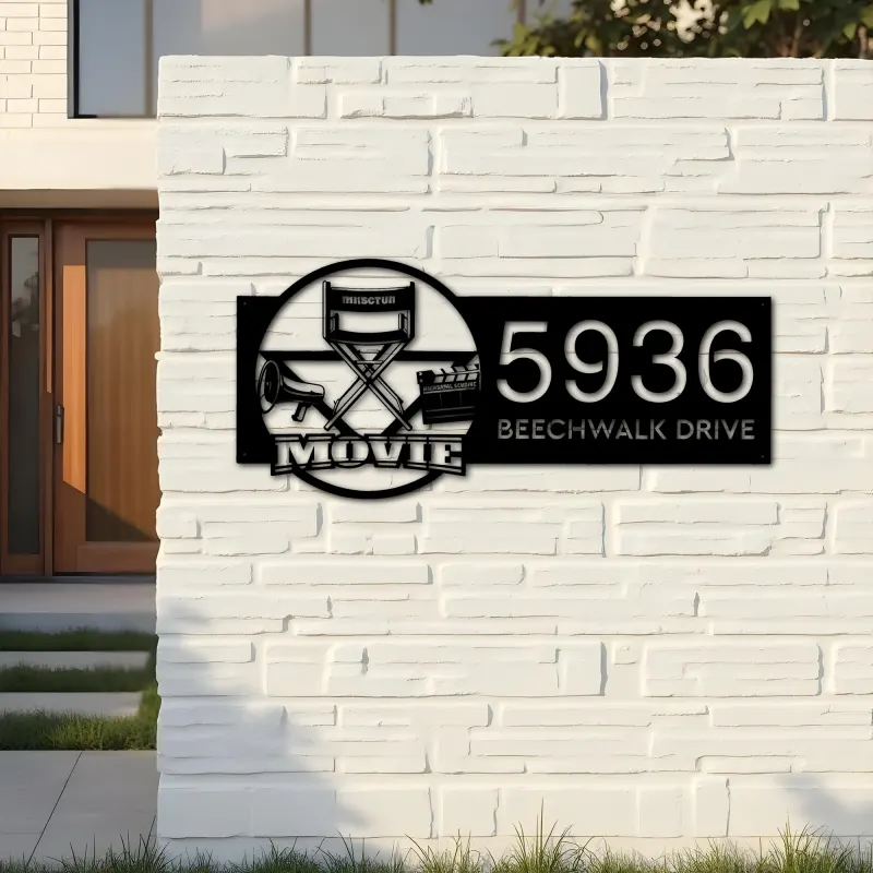 Custom Metal Cinema movie lover Metal Address Sign Custom House number Hanging Address Plaque Yard Sign Outdoor