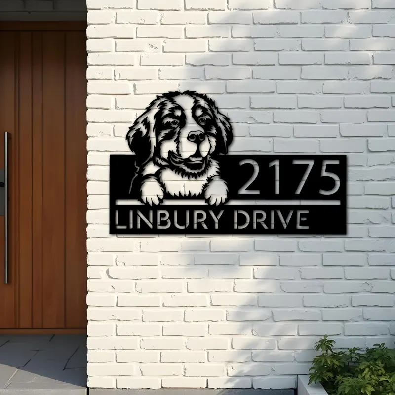 Custom Metal Bernese Mountain dog Puppy Metal Address Sign House number Hanging Address Plaque Yard Sign Outdoor decor