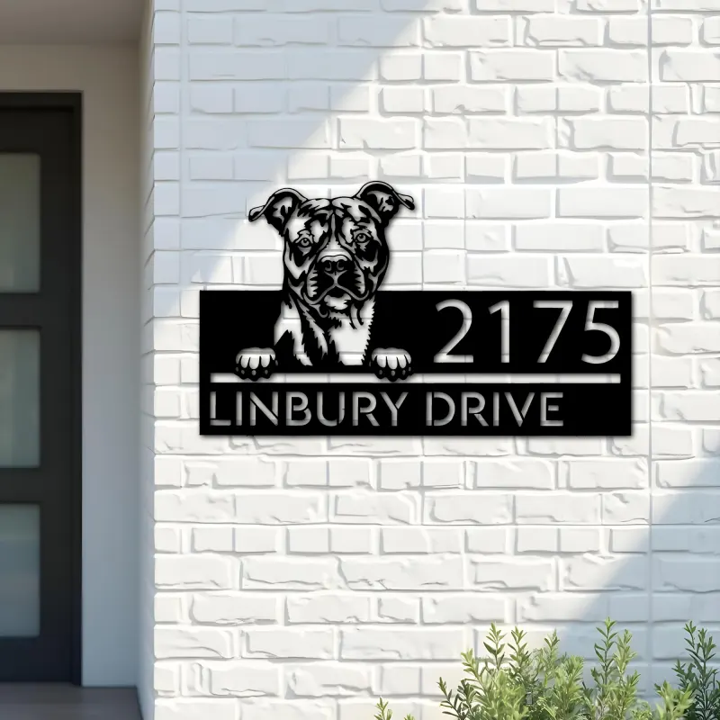 Custom Metal American Staffordshire Terrier dog Metal Address Sign House number Hanging Address Plaque Yard Sign Outdoor decor