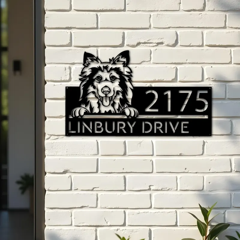 Custom Metal Shetland Sheepdog Cute puppy Metal Address Sign House number Hanging Address Plaque Yard Sign Outdoor decor