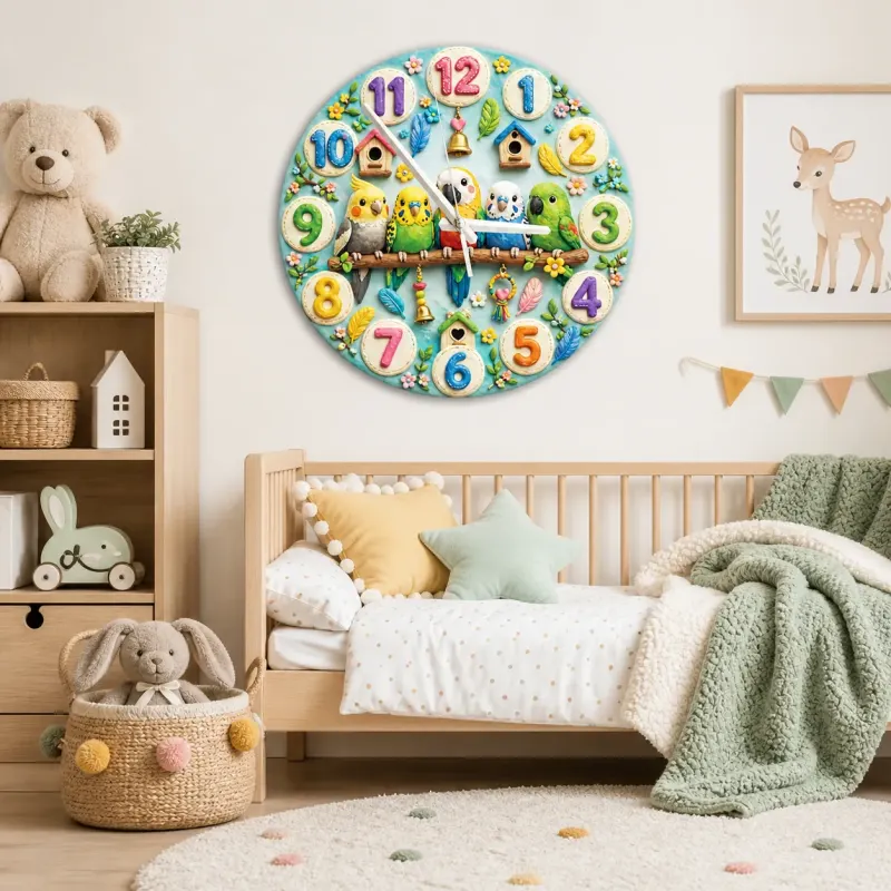 Whimsical Colorful Birds Kids Room Wall Clock