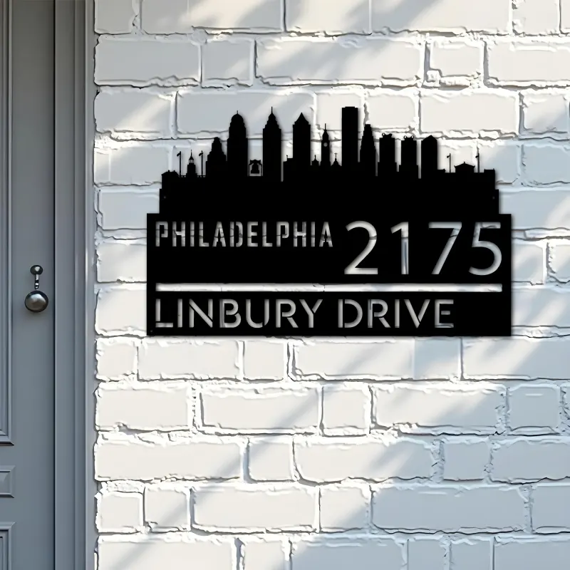 Custom Metal Philadelphia city skyline Metal Address Sign Hanging Address Plaque house number Yard Outdoor Sign