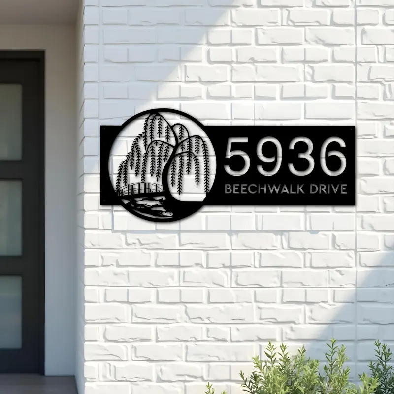 Custom Metal Scene with willow tree river Metal Address Sign, House number, Outdoor Number Signage, Yard Sign Address Plate
