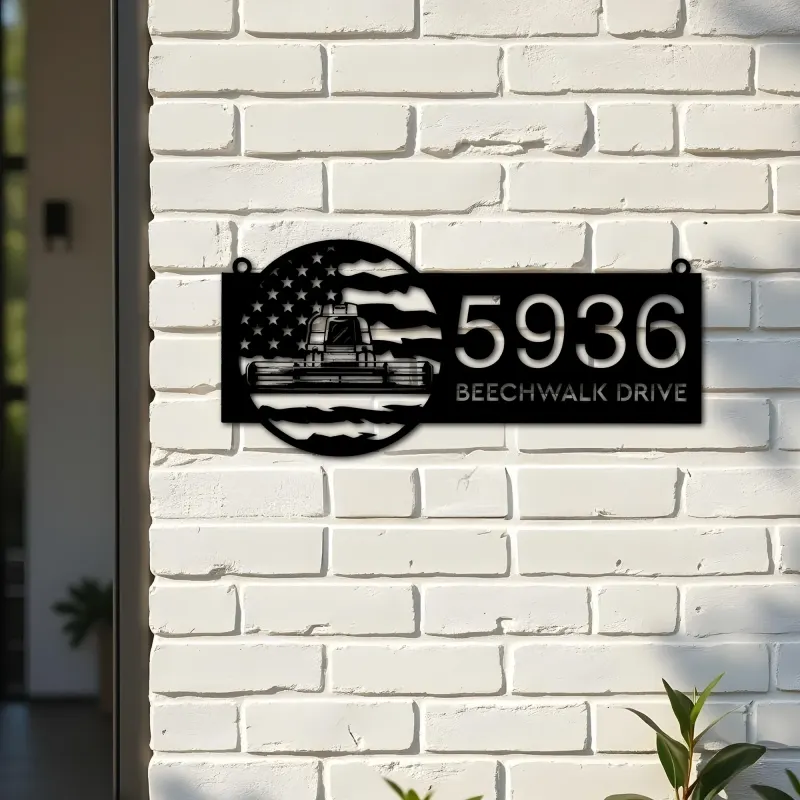 Custom Metal Farm combine harvester US flag Metal Address Sign Custom House number Hanging Address Plaque Yard Sign Outdoor