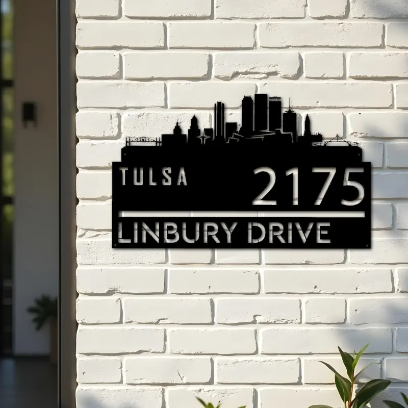 Custom Metal Tulsa city skyline Metal Address Sign Hanging Address Plaque house number Yard Outdoor Sign