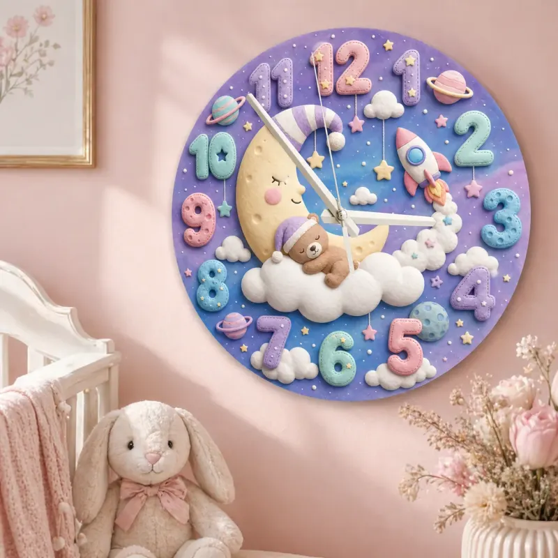 Pastell Weltraum Schlafender Bär Wanduhr für Kinderzimmer | Traumhafter Mond & Rakete Dekor für das Kinderzimmer, Süßes Geschenk zur Babyparty (34,5 cm)