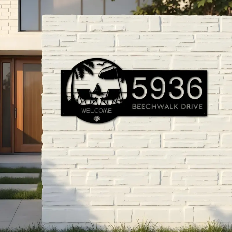 Custom Metal Palm Beach scene Metal Address Sign, House number, Outdoor Number Signage, Yard Sign Address Plate