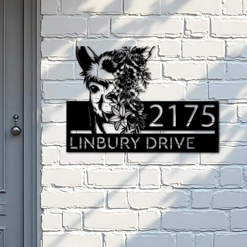 Custom Metal Floral Llama animal Metal Address Sign, House number, Outdoor Number Signage, Yard Sign Address Plate