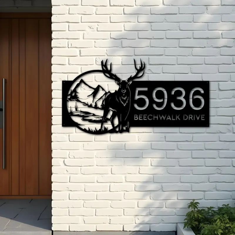 Custom Metal Deer mountain wild scene Metal Address Sign, House number, Outdoor Number Signage, Yard Sign Address Plate