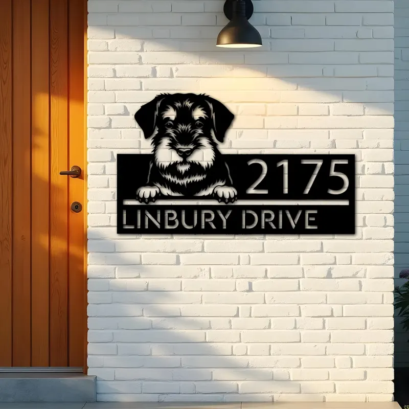 Custom Metal Standard Schnauzer dog Puppy Metal Address Sign House number Hanging Address Plaque Yard Sign Outdoor decor