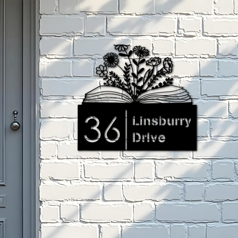 Custom Metal Floral book book lover reading Metal Address Sign, House number, Outdoor Number Signage, Yard Sign Address Plate