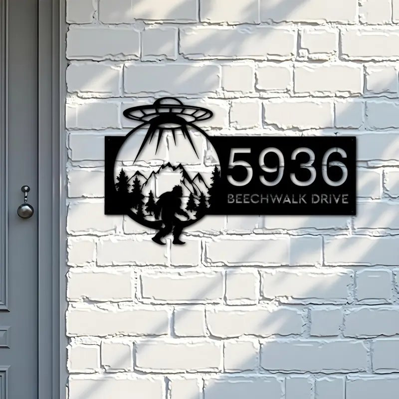Custom Metal Alien UFO bigfoot sasquatch Metal Address Sign, House number, Outdoor Number Signage, Yard Sign Address Plate