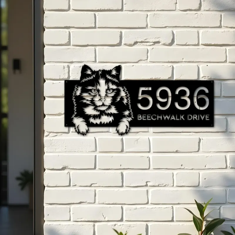 Custom Metal Tortoiseshell Cute peeking cat Metal Address Sign, House number, Outdoor Number Signage, Yard Sign Address Plate