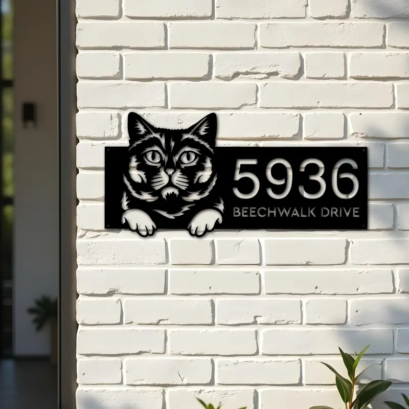 Custom Metal British shorthair Cute peeking cat Metal Address Sign, House number, Outdoor Number Signage, Yard Sign Address Plate