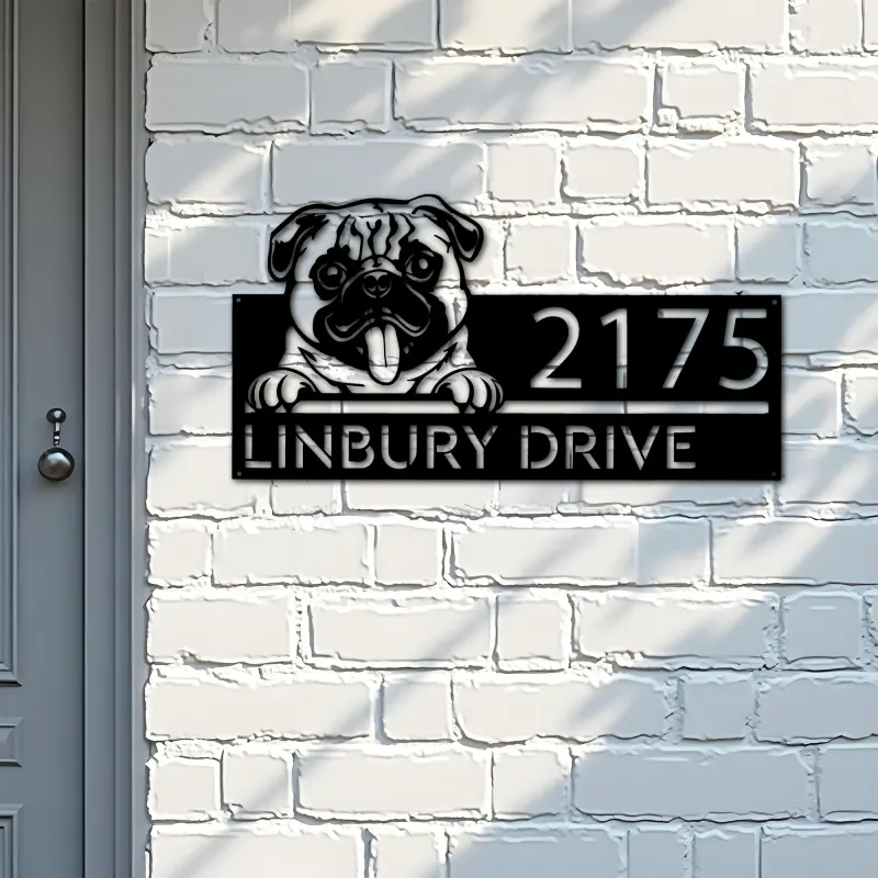 Custom Metal Pug Dog Cute puppy Metal Address Sign House number Hanging Address Plaque Yard Sign Outdoor decor