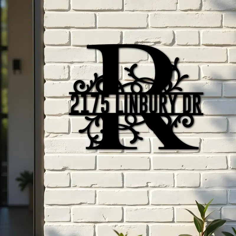 Custom Metal Floral Monogram Split Letter R Metal Address Sign House number Hanging Address Plaque Yard Sign Outdoor decor