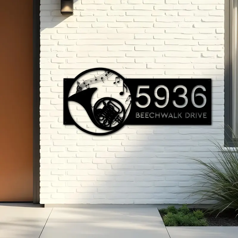 Custom Metal French horn musical instrument Metal Address Sign Custom House number Hanging Address Plaque Yard Sign Outdoor