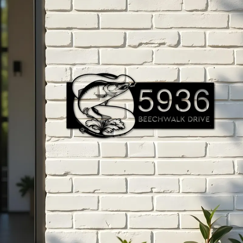 Custom Metal Salmon fishing rod bait hook Metal Address Sign, House number, Outdoor Number Signage, Yard Sign Address Plate