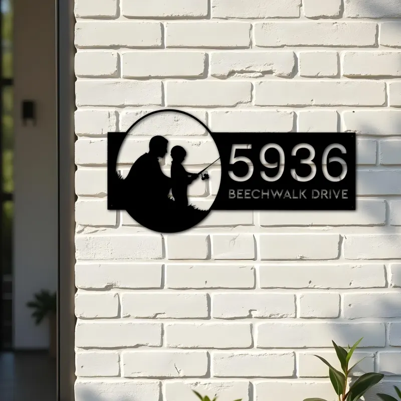 Custom Metal Father and son fishing Metal Address Sign, House number, Outdoor Number Signage, Yard Sign Address Plate