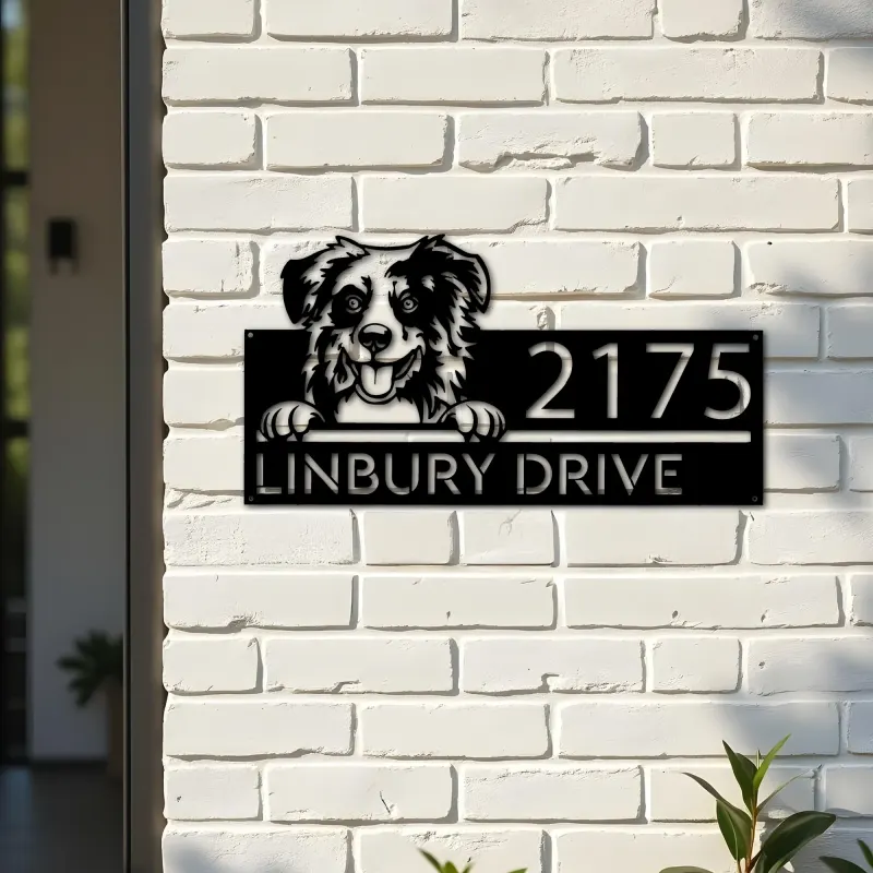 Custom Metal Australian Shepherd dog cute puppy Metal Address Sign House number Hanging Address Plaque Yard Sign Outdoor decor