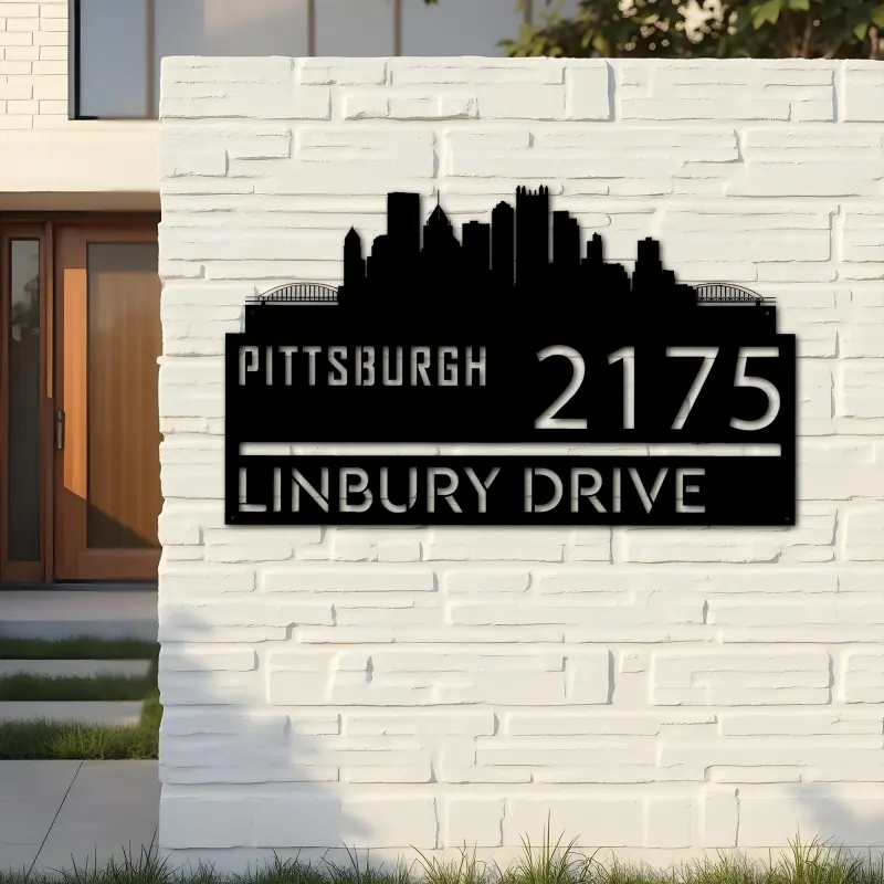 Custom Metal Pittsburgh city skyline Metal Address Sign Hanging Address Plaque house number Yard Outdoor Sign