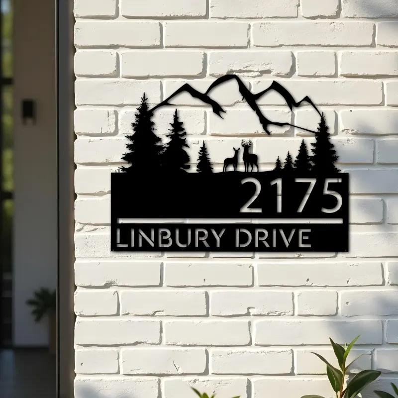 Custom Metal Deer couple mountain scene Metal Address Sign, House number, Outdoor Number Signage, Yard Sign Address Plate