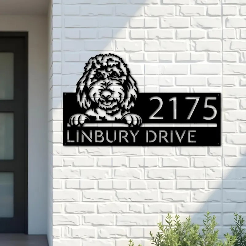 Custom Metal Goldendoodles dog Cute puppy Metal Address Sign House number Hanging Address Plaque Yard Sign Outdoor decor