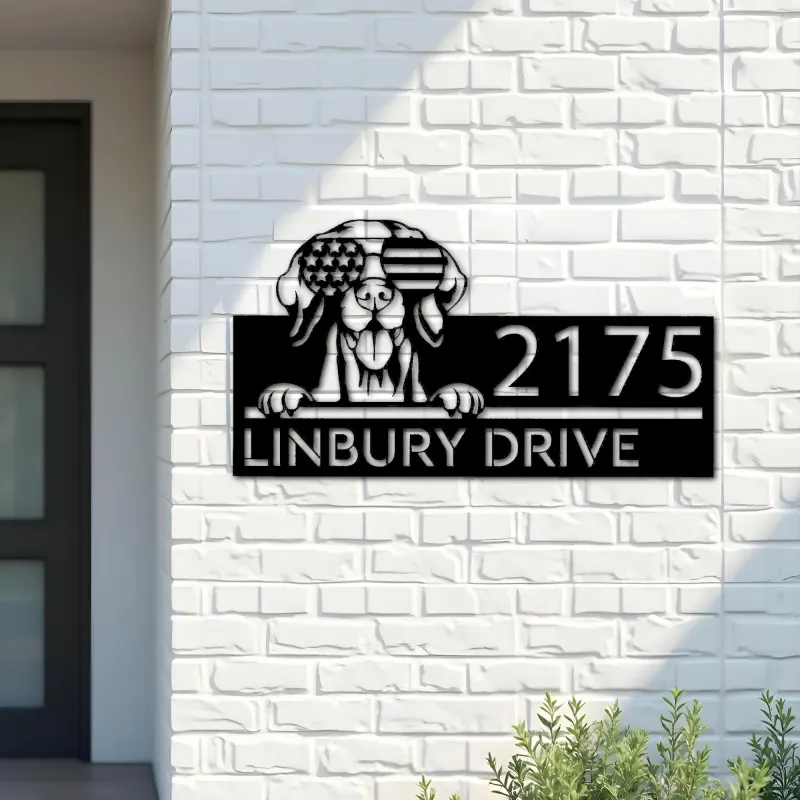 Custom Metal Vizsla dog US flag glasses Metal Address Sign House number Hanging Address Plaque Yard Sign Outdoor decor