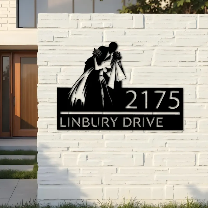 Custom Metal Kissing bride and groom Metal Address Sign, House number, Outdoor Number Signage, Yard Sign Address Plate