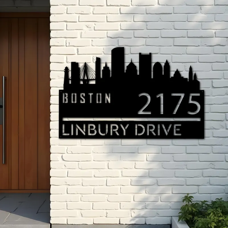 Custom Metal Boston city skyline Metal Address Sign Hanging Address Plaque house number Yard Outdoor Sign