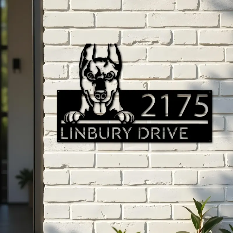 Custom Metal Doberman dog Puppy Metal Address Sign House number Hanging Address Plaque Yard Sign Outdoor decor