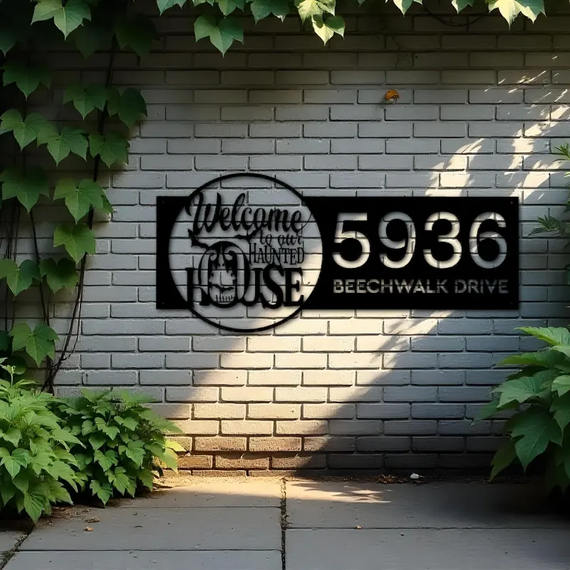 Custom Metal Welcome to our haunted house Halloween Metal Address Sign House number Hanging Address Plaque Yard Outdoor Sign