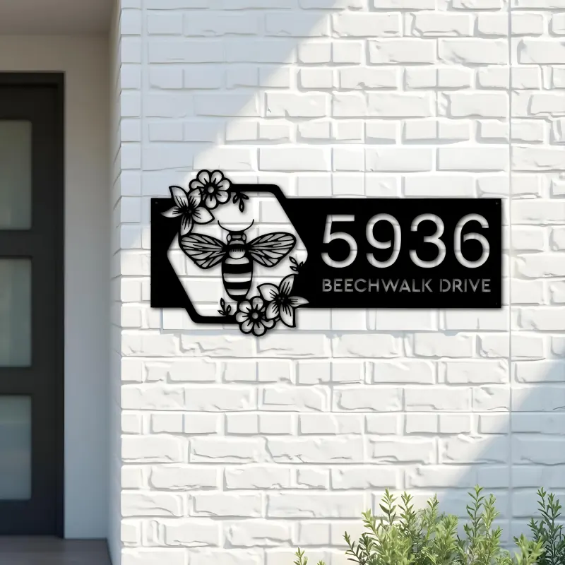 Custom Metal Bee on floral frame Metal Address Sign Custom House Number Hanging Address Plaque Yard Sign Outdoor Sign