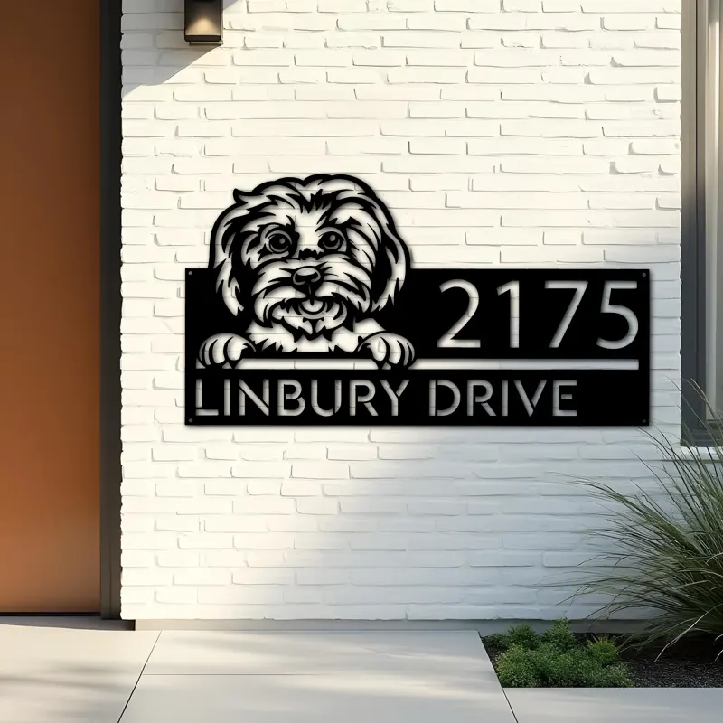 Custom Metal Maltese dog Cute puppy Metal Address Sign House number Hanging Address Plaque Yard Sign Outdoor decor