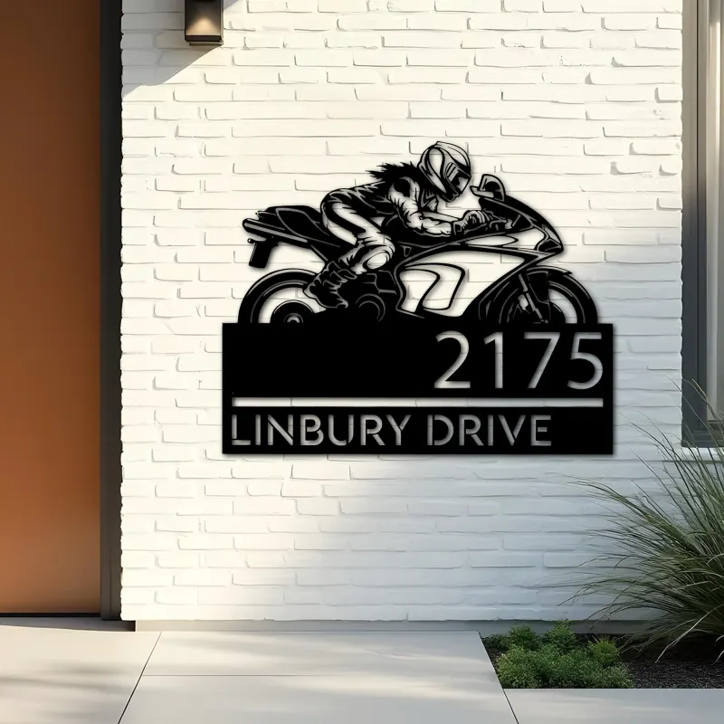 Custom Metal Female biker Metal Address Sign, House number, Outdoor Number Signage, Yard Sign Address Plate