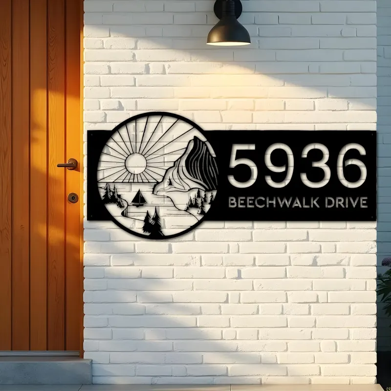 Custom Metal Sun mountain river scene Metal Address Sign, House number, Outdoor Number Signage, Yard Sign Address Plate