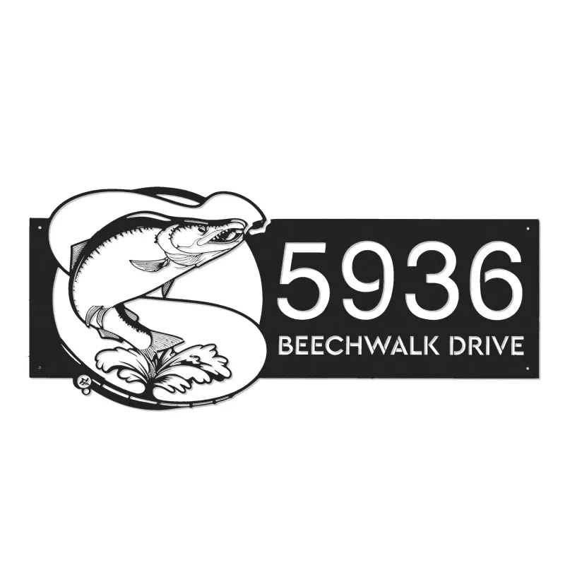 Custom Metal Salmon fishing rod bait hook Metal Address Sign, House number, Outdoor Number Signage, Yard Sign Address Plate