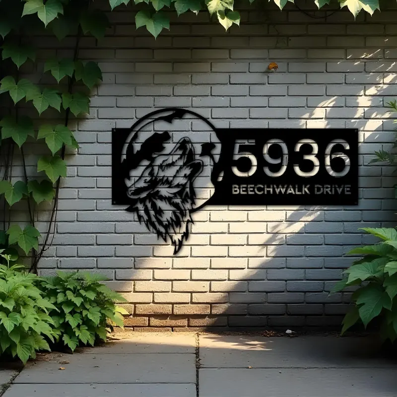 Custom Metal Wolf howling on full moon Metal Address Sign, House number, Outdoor Number Signage, Yard Sign Address Plate001