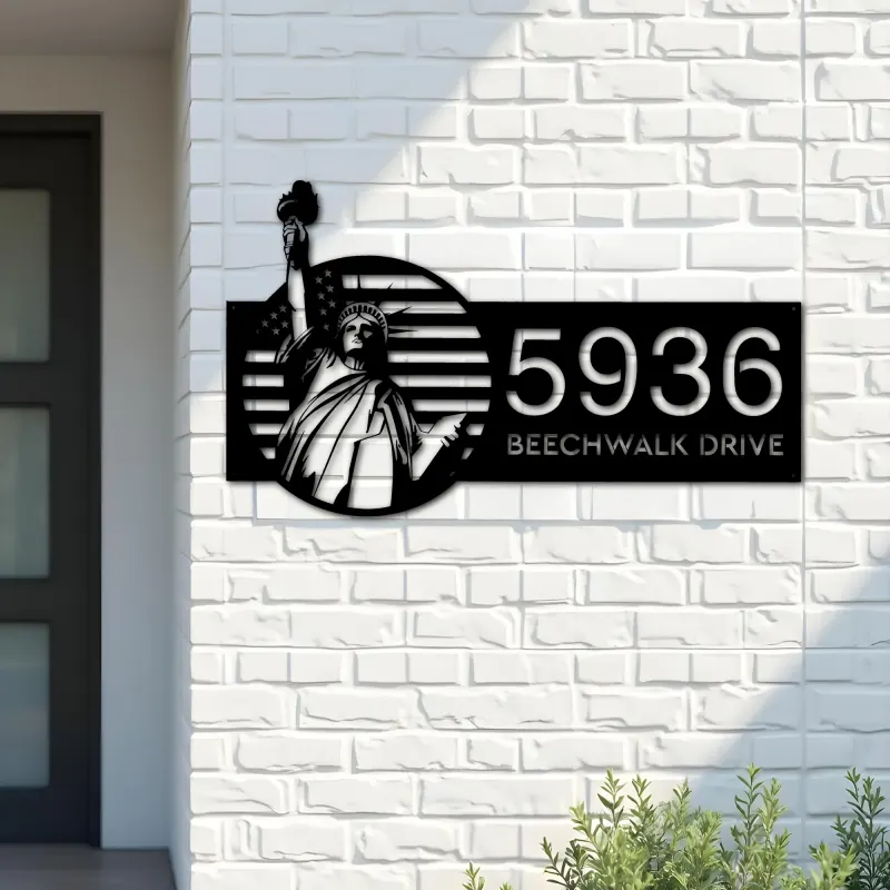 Custom Metal Statue of liberty US flag 4th July Metal Address Sign, House number, Outdoor Number Signage, Yard Sign Address Plate