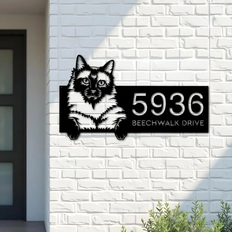 Custom Metal Siamese Cute peeking cat kitten Metal Address Sign, House number, Outdoor Number Signage, Yard Sign Address Plate