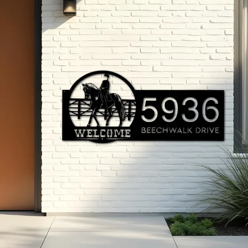 Custom Metal Horse Rider welcome Metal Address Sign, House number, Outdoor Number Signage, Yard Sign Address Plate