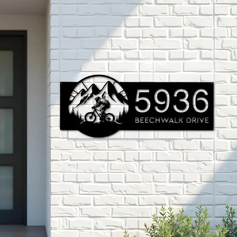 Custom Metal Mountain biker Bicycle rider MTB Metal Address Sign, House number, Outdoor Number Signage, Yard Sign Address Plate