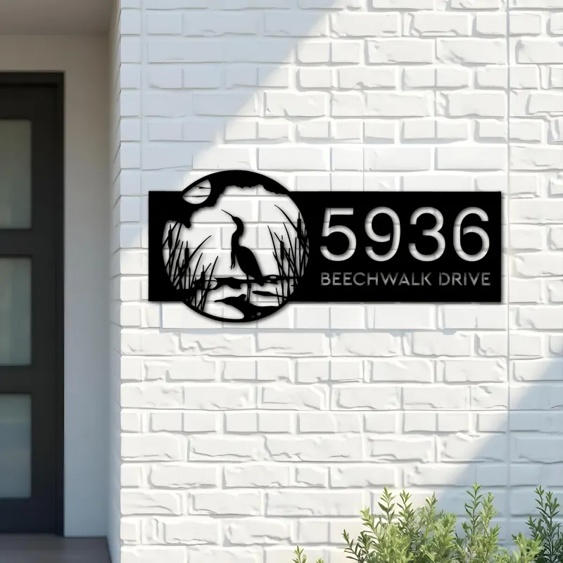 Custom Metal Heron on Lake Metal Address Sign Custom House number Hanging Address Plaque Yard Sign Outdoor