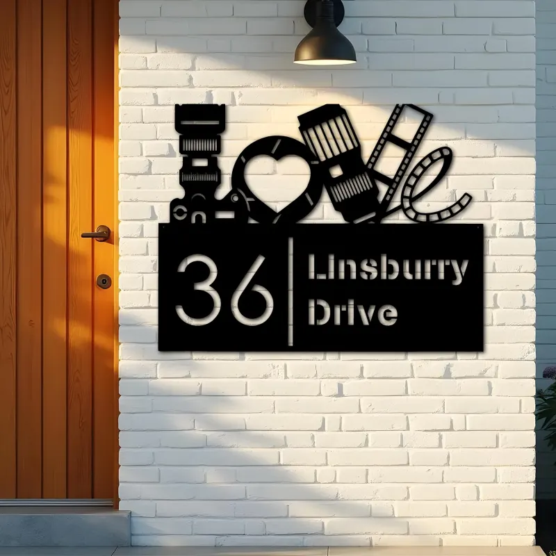 Custom Metal Love Photography Camera Photographer Metal Address Sign, House number, Outdoor Number Signage, Yard Sign Address Plate