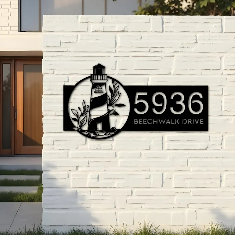 Custom Metal Floral lighthouse Metal Address Sign, House number, Outdoor Number Signage, Yard Sign Address Plate