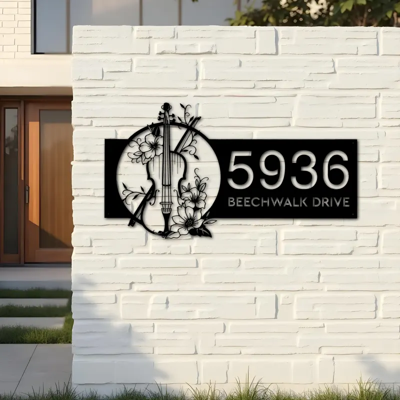 Custom Metal Floral Violin Violin player Metal Address Sign, House number, Outdoor Number Signage, Yard Sign Address Plate
