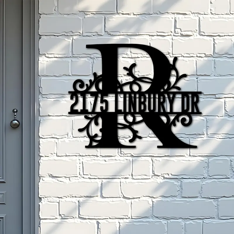 Custom Metal Floral Monogram Split Letter R Metal Address Sign House number Hanging Address Plaque Yard Sign Outdoor decor