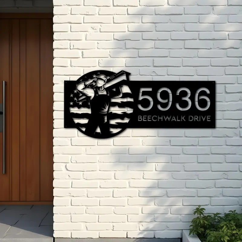 Custom Metal Construction worker US flag Metal Address Sign, House number, Outdoor Number Signage, Yard Sign Address Plate