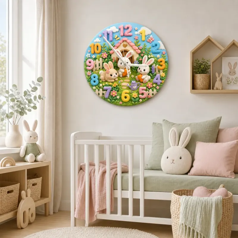 Pastel Bunny Garden Kids Room Wall Clock