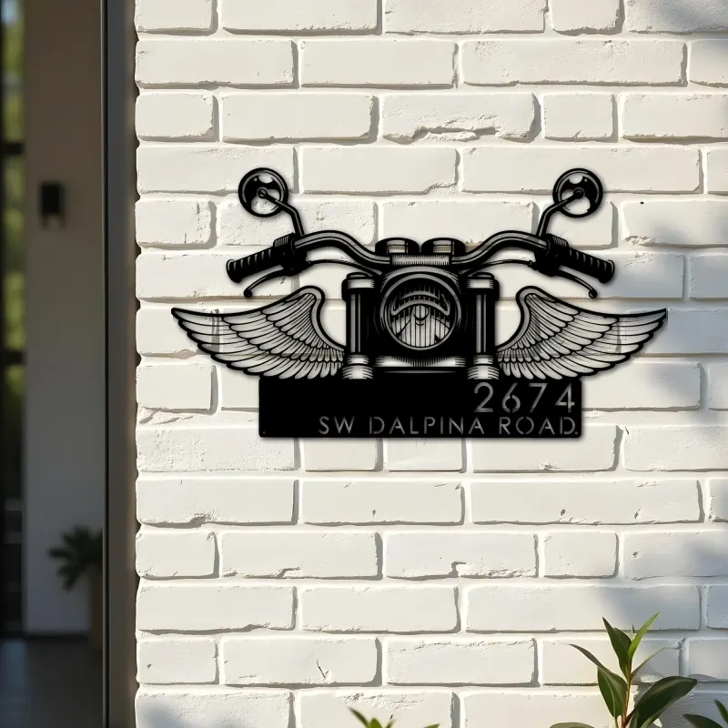 Custom Metal Biker Bike rider Motocycle with wings Metal Address Sign, House number, Outdoor Number Signage, Yard Sign Address Plate